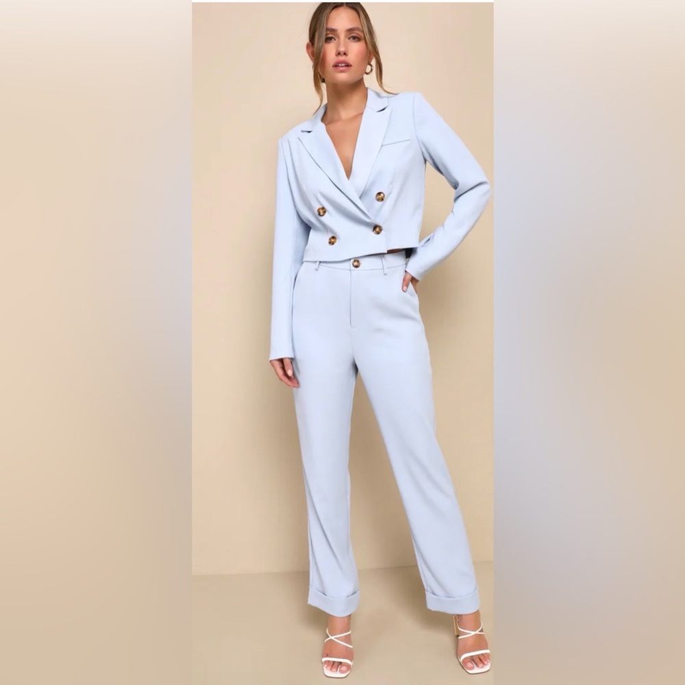 NWT, LuLus Posh Preference Light Blue Double Breasted Cropped Blazer Set